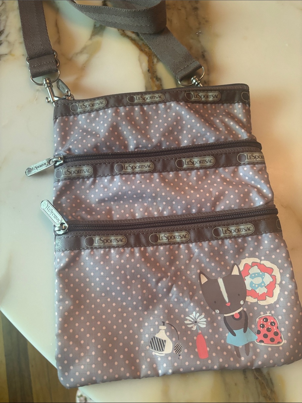 Lesportsac Gray and Pink Polka Dot Crossbody with Cat Print